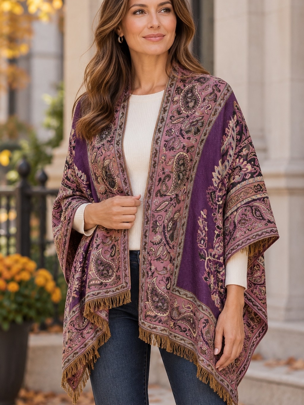 Boho Paisley Fringed Wrap - Purple Pink Black Scarf 27"x66" Feminine